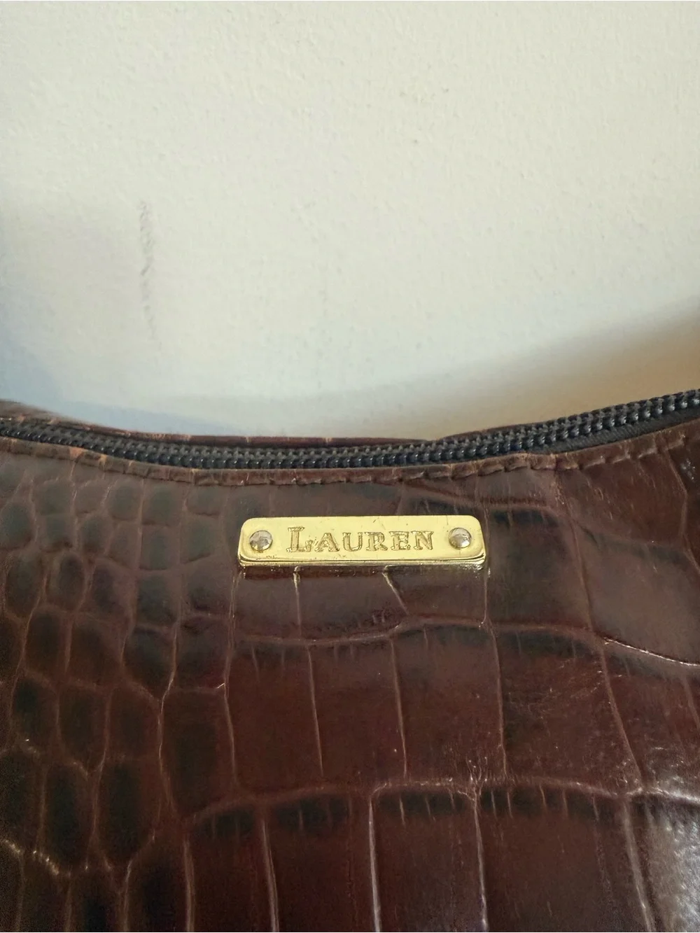 Ralph Lauren Dark Brown Croc-Embossed Shoulder Bag